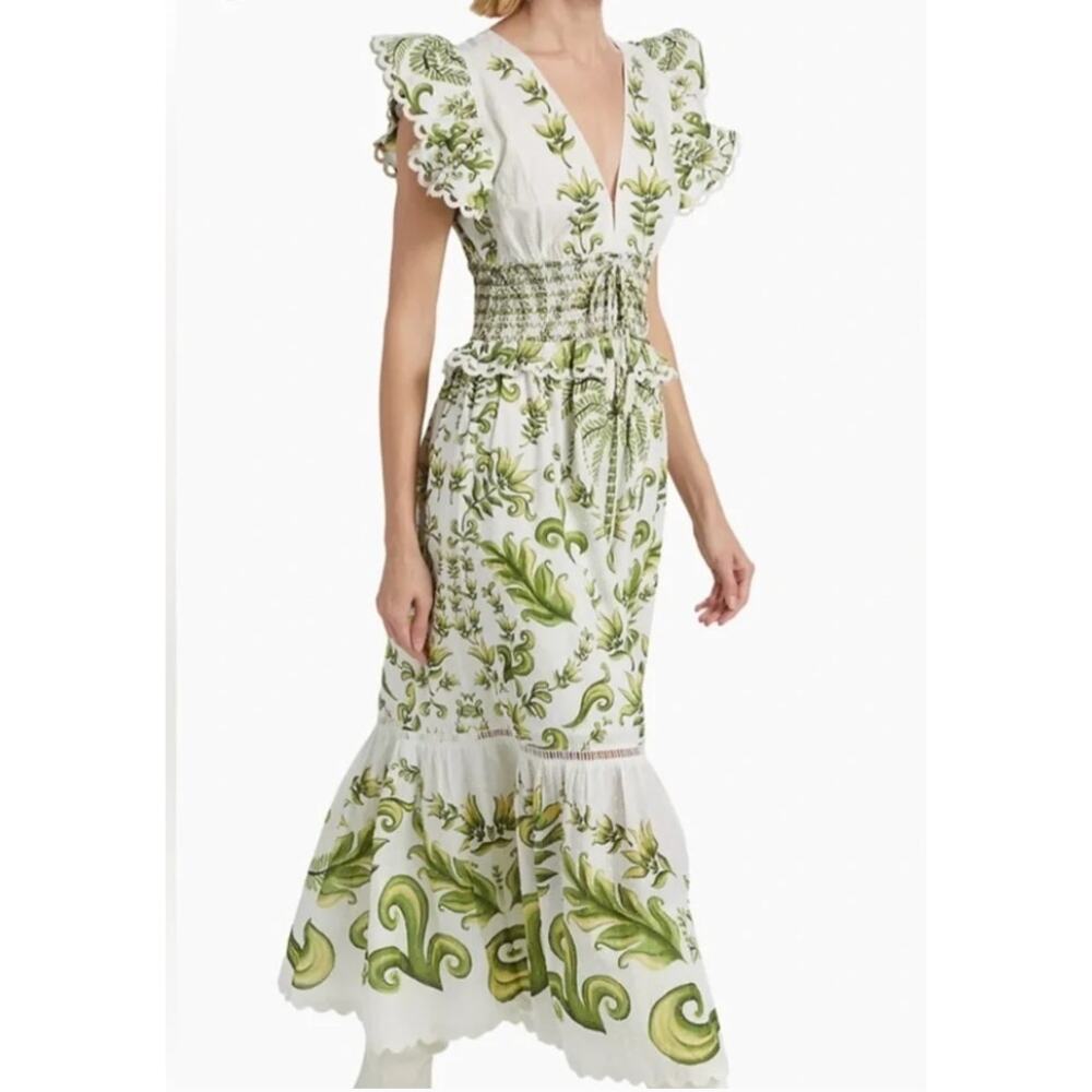 Farm Rio Dress Small Milani Flutter Sleeve Maxi White Floral Summer Boho Elegant - Picture 2 of 16